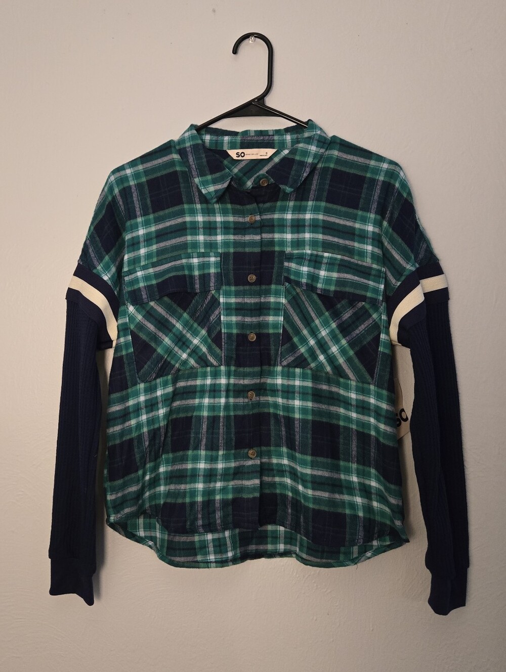 NWT Plaid Green & Blue Button-Up Shirt with Navy Flannel Sleeves, Size Juniors S - Picture 12 of 14